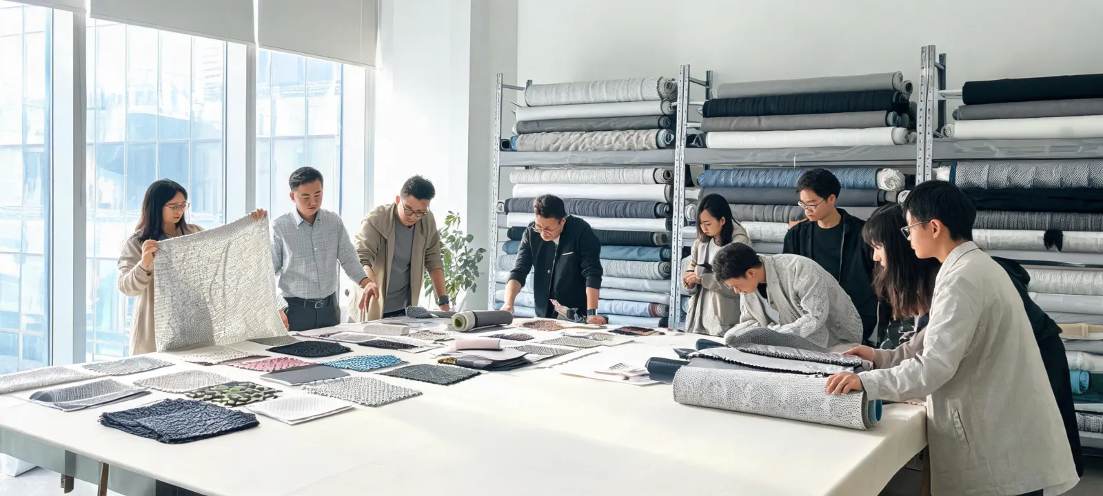 Material specialists at a textile inspection table