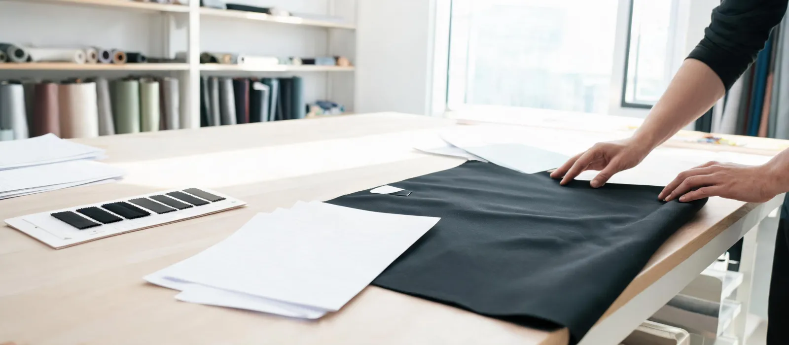 Textile development team reviewing fabric standards